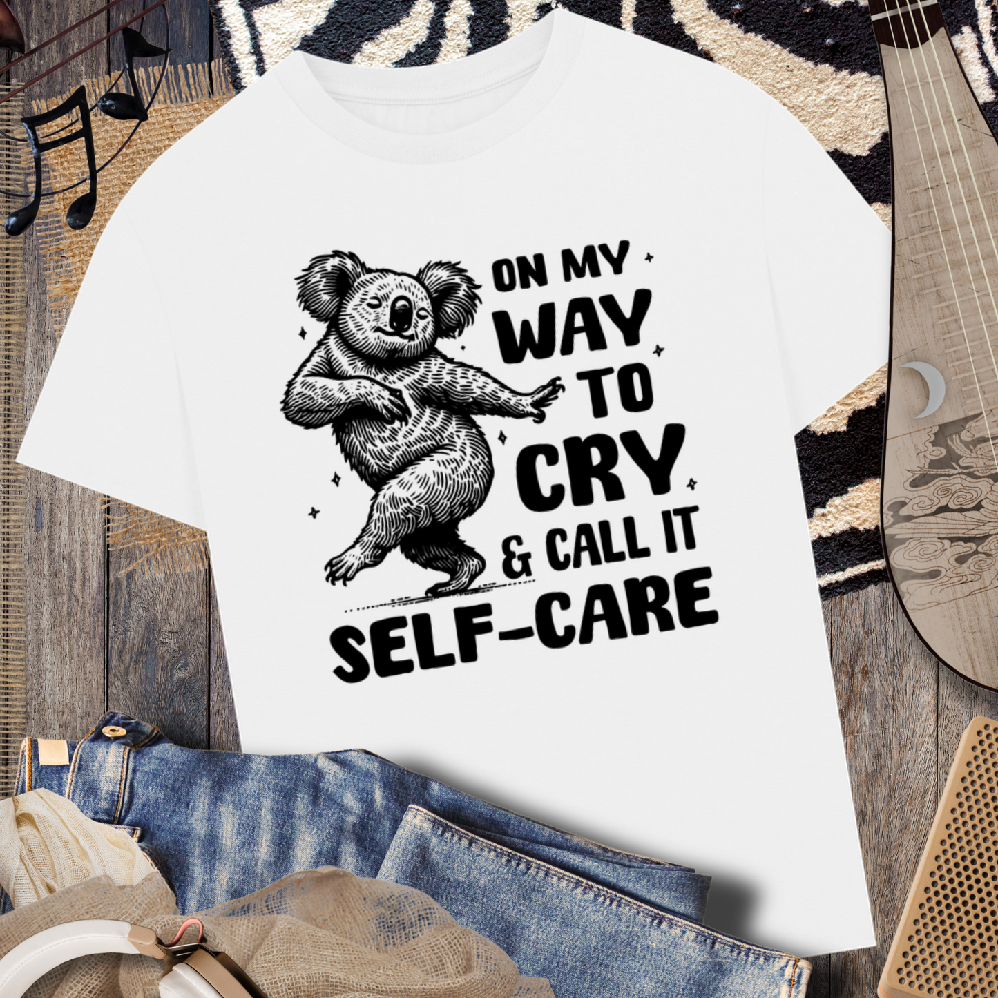 Uni Oversized & Heavy "On My Way to Cry and Call it Self-Care" T-Shirt with Dancing Koala Bear in Vegan Quality⎜Caccao