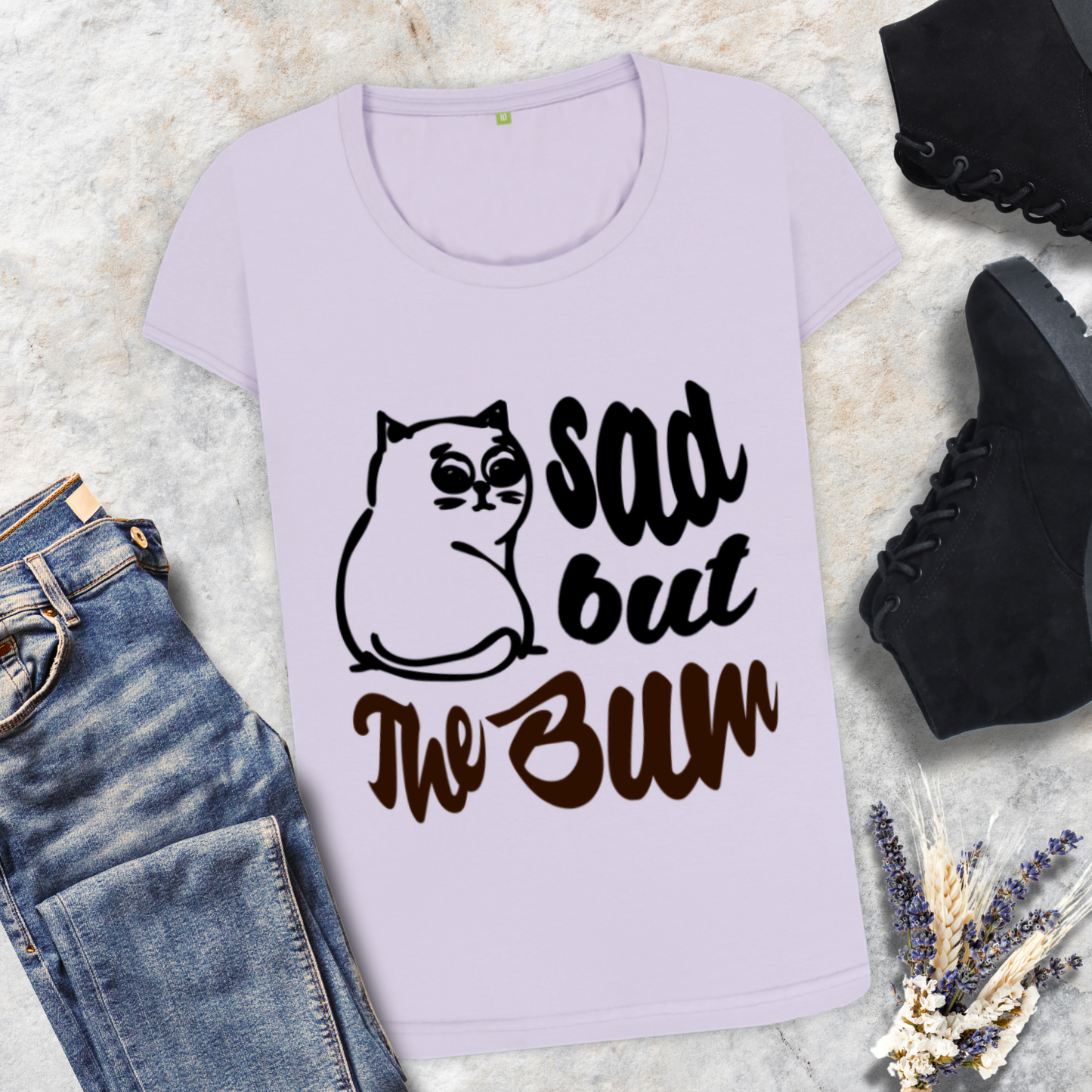 Funny Women's "Sad, but the Bum" Body T-Shirt with a Beautiful Neckline and a Sad Cat in Top Quality β Caccao
