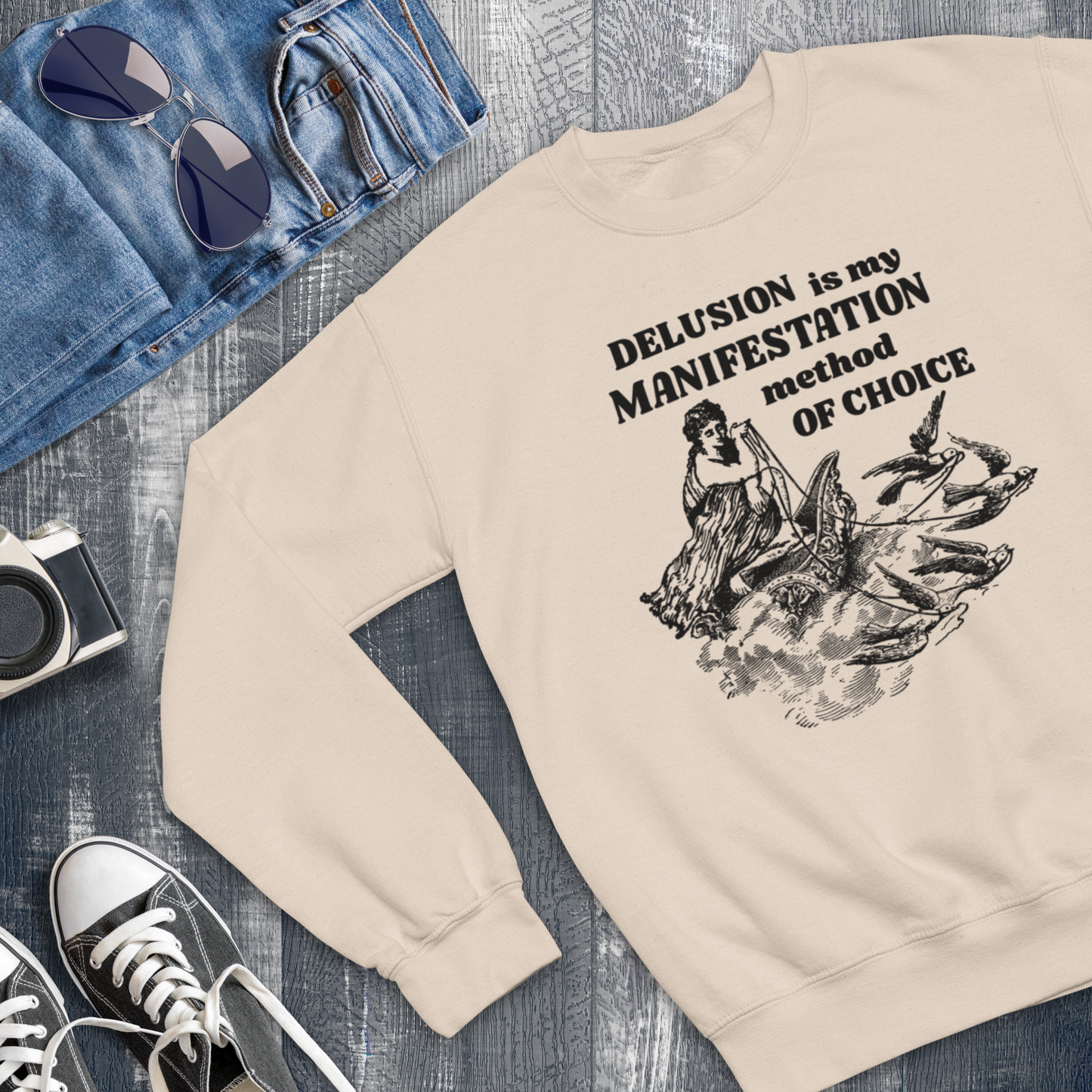 Unisex Funny Vintage "Delusion is my Manifestation Method of Choice" Organic Cotton Hoodie │ Caccao