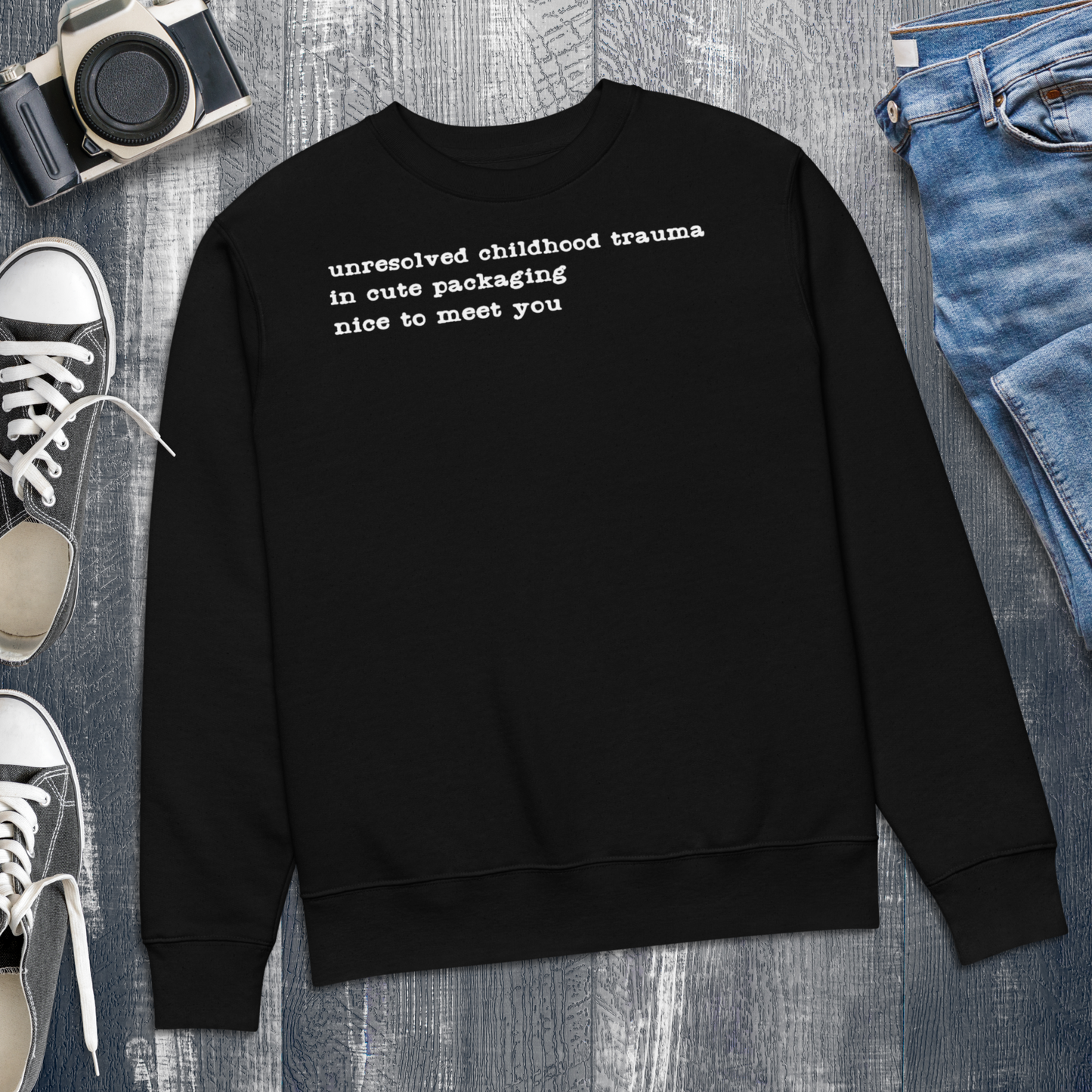 Unisex Vegan Certified Sweatshirt "Dark Humor on Childhood Trauma" from Organic Cotton │ Cacao