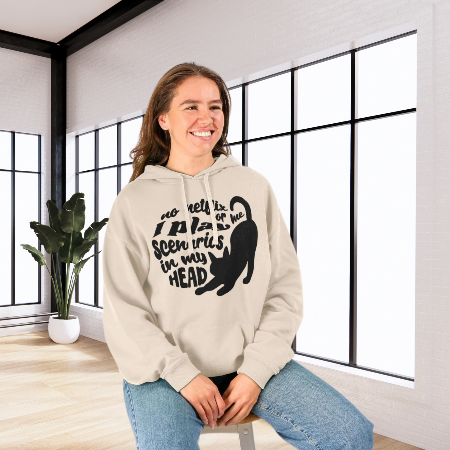 Unisex Sustainable 'Overthinking & Daydreaming' Funny Organic Cotton Cat Hoodie in Certified Renewable Quality⎜Caccao