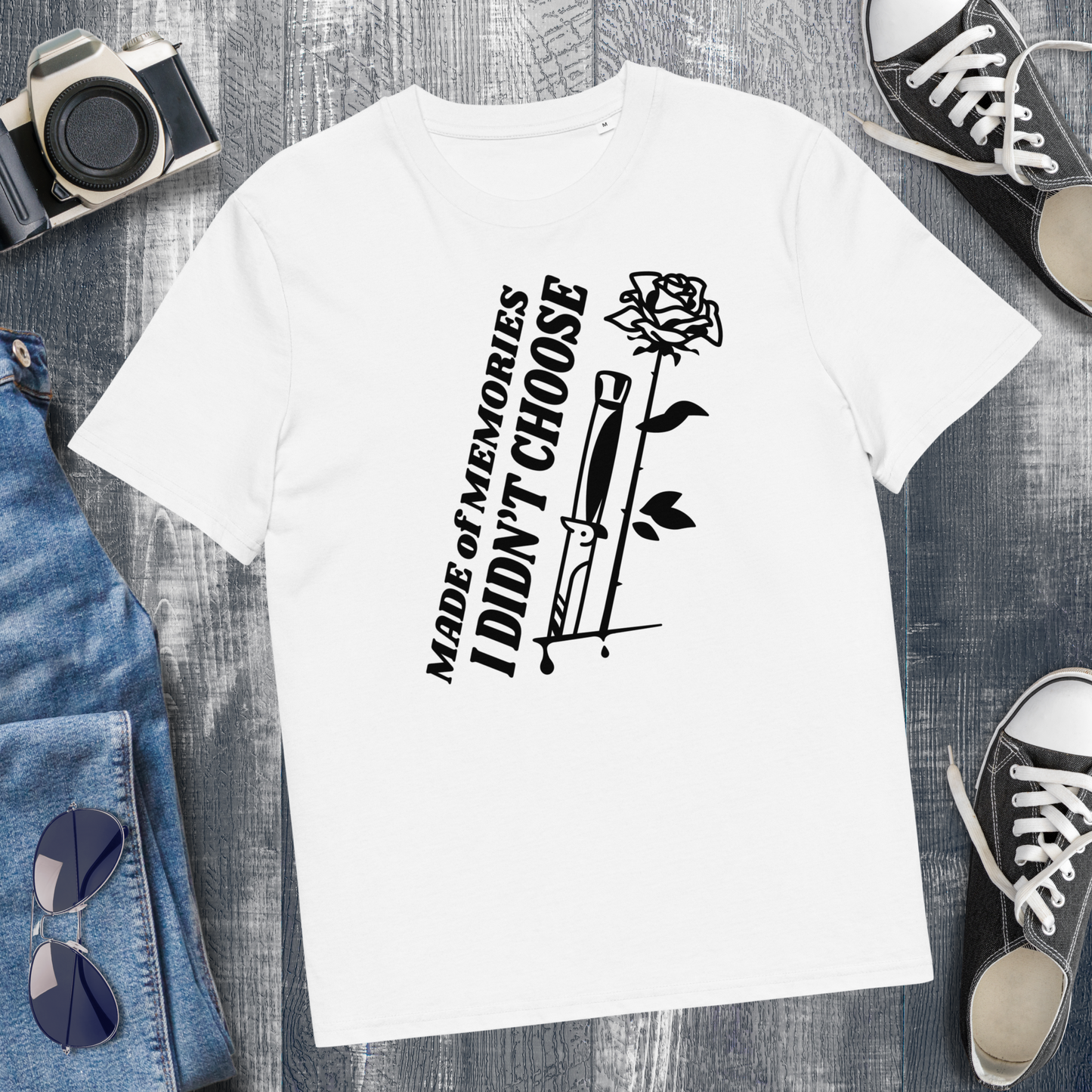 Unisex Organic T-Shirt Made of Organic Cotton with Rose in Dark Poetic Street-Art Style and Premium Fair Trade Quality │ Caccao