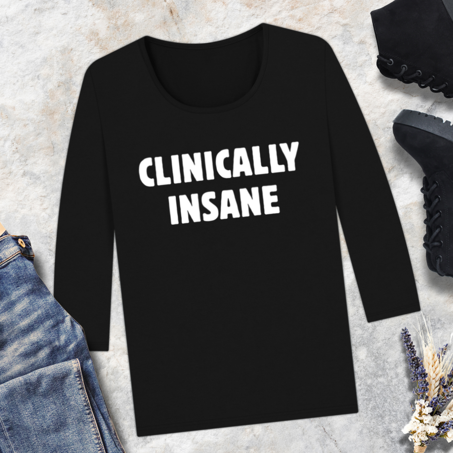 UK&CZ "Clinically Insane" 3/4 Sleeve T-Shirt with Double-Sided Print on the Theme of Mental Health made of 100% Organic Cotton β Caccao
