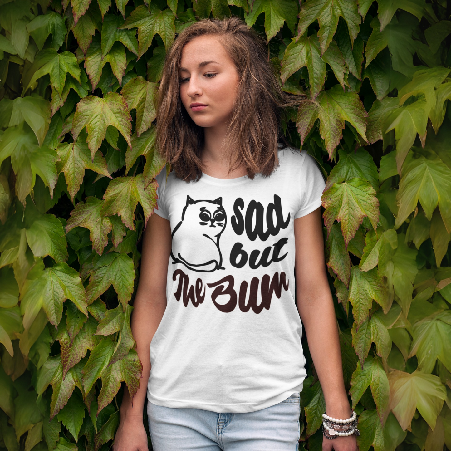 Funny Women's "Sad, but the Bum" Body T-Shirt with a Beautiful Neckline and a Sad Cat in Top Quality β Caccao