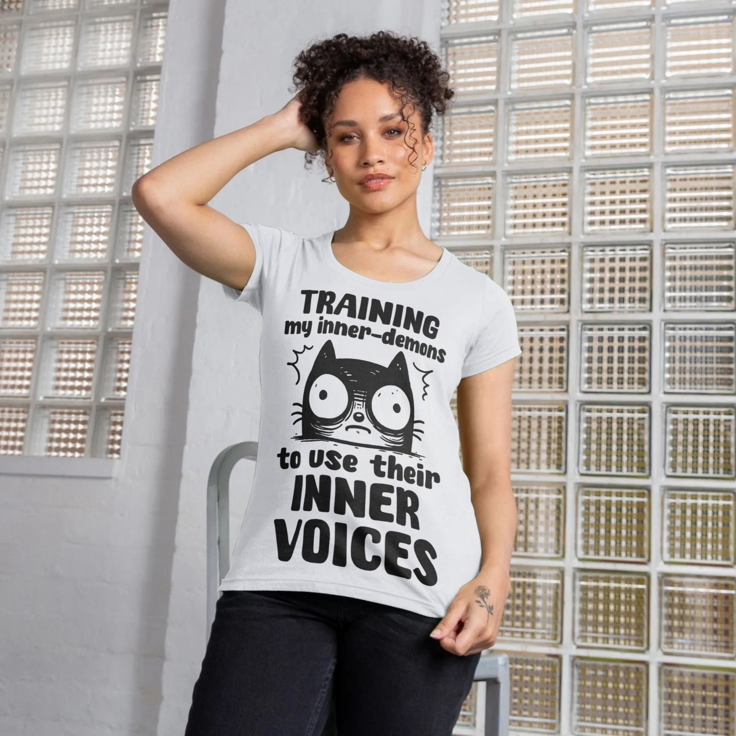 Women's Mental Health Awareness "Training my inner denons..." Elegant 'Bodysuit' T-Shirt in Premium, Certified Quality │ Caccao
