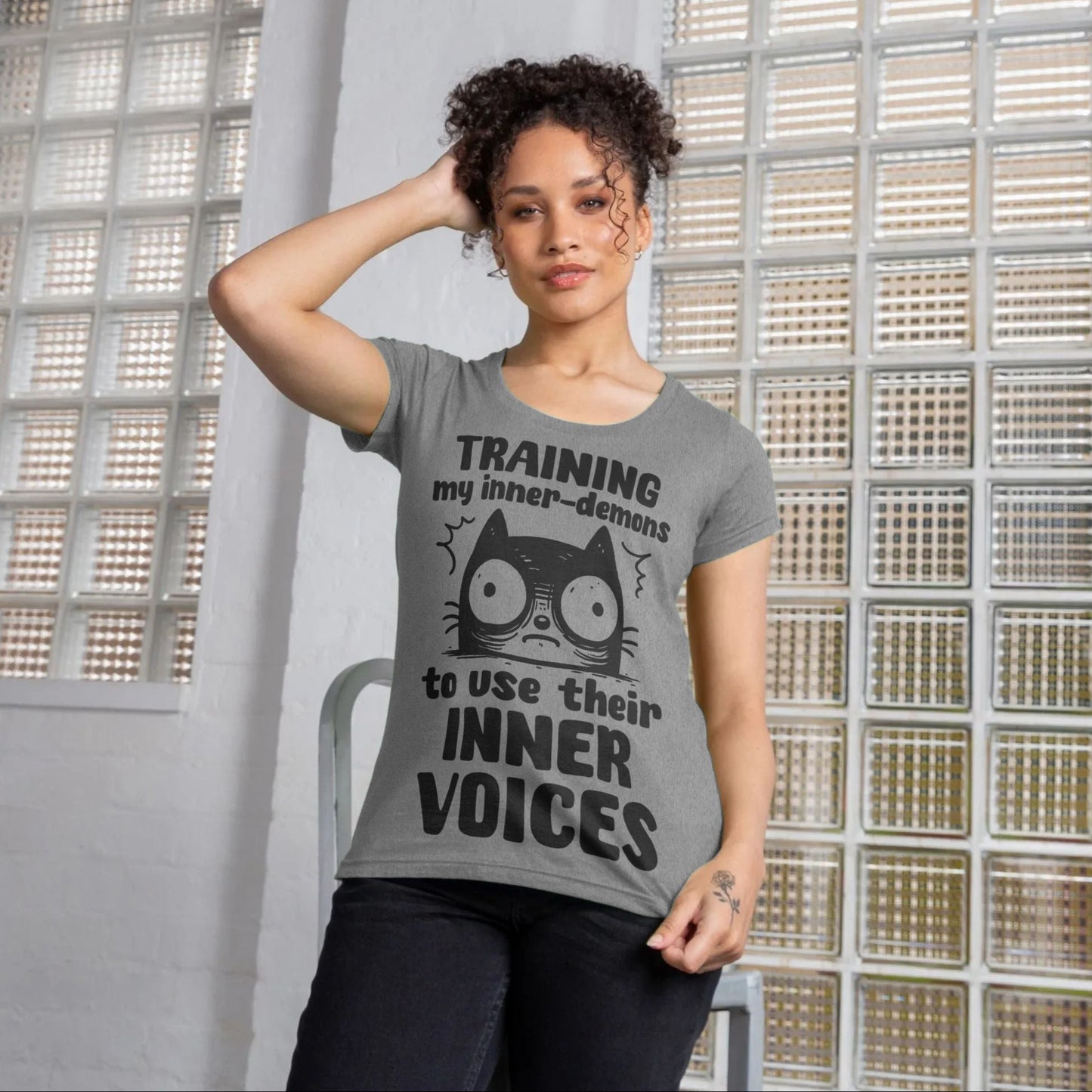 Women's Mental Health Awareness "Training my inner denons..." Elegant 'Bodysuit' T-Shirt in Premium, Certified Quality │ Caccao