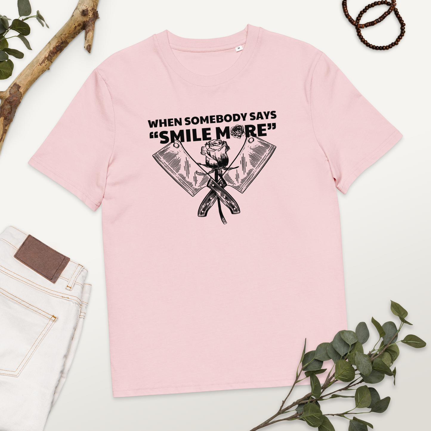 Fem Rage Ecological "Smile More" Organic Cotton T-Shirt in Fair Trade, Slow & Circular Fashion and Vegan Principle │ Caccao