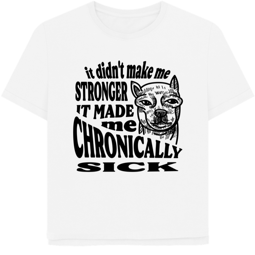 100% Organic Cotton Vegan Fair Trade Eco T-shirt with Trauma Text and illustration of a dog