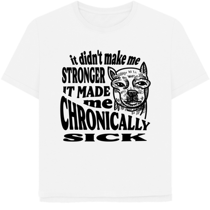 100% Organic Cotton Vegan Fair Trade Eco T-shirt with Trauma Text and illustration of a dog