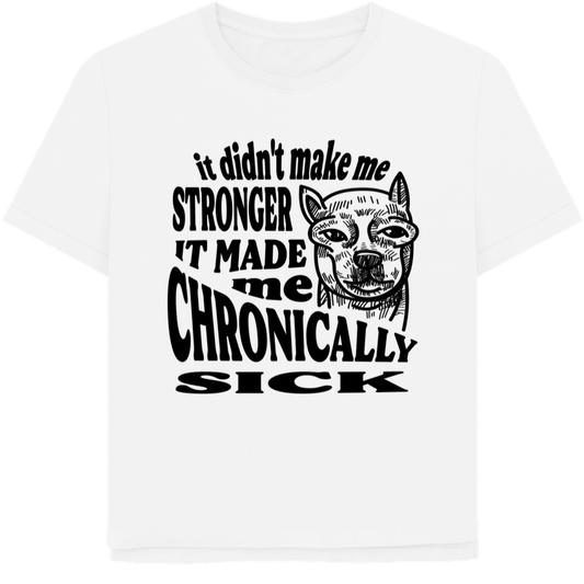 100% Organic Cotton Vegan Fair Trade Eco T-shirt with Trauma Text and illustration of a dog