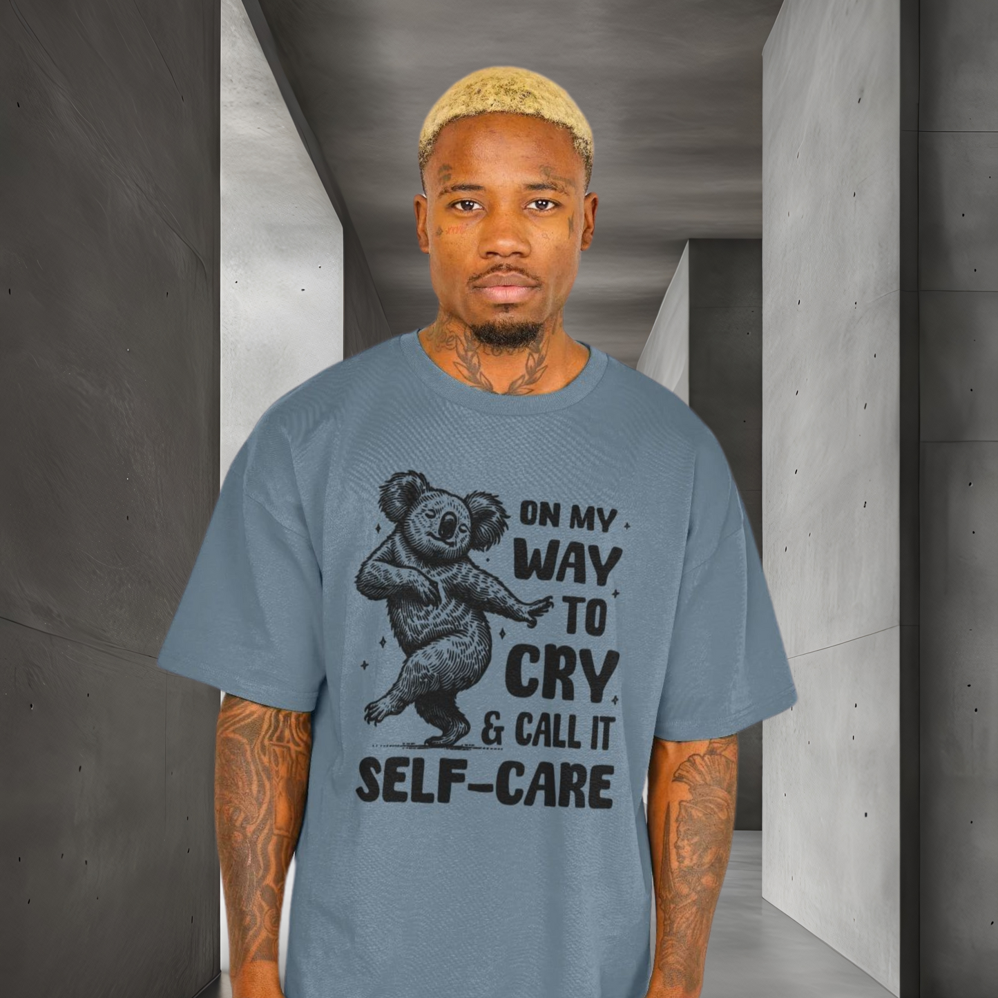 Uni Oversized &amp; Heavy "On My Way to Cry and Call it Self-Care" T-Shirt with Dancing Koala Bear in Vegan Quality⎜Caccao