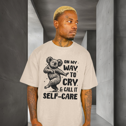Uni Oversized &amp; Heavy "On My Way to Cry and Call it Self-Care" T-Shirt with Dancing Koala Bear in Vegan Quality⎜Caccao