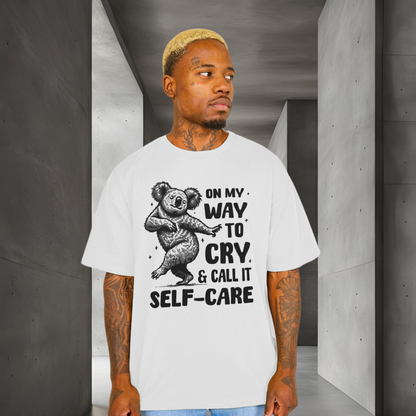 Uni Oversized &amp; Heavy "On My Way to Cry and Call it Self-Care" T-Shirt with Dancing Koala Bear in Vegan Quality⎜Caccao