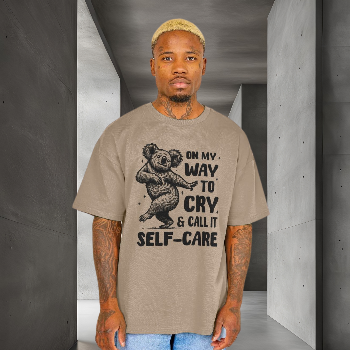 Uni Oversized &amp; Heavy "On My Way to Cry and Call it Self-Care" T-Shirt with Dancing Koala Bear in Vegan Quality⎜Caccao