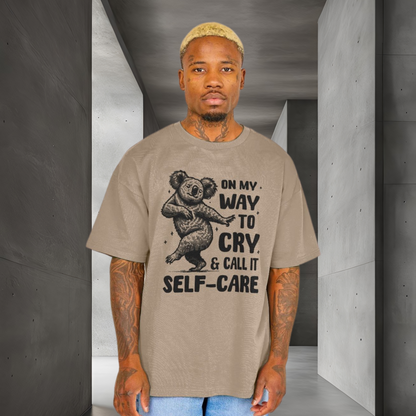 Uni Oversized &amp; Heavy "On My Way to Cry and Call it Self-Care" T-Shirt with Dancing Koala Bear in Vegan Quality⎜Caccao