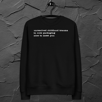 Unisex Vegan Certified Sweatshirt "Dark Humor on Childhood Trauma" from Organic Cotton │ Cacao