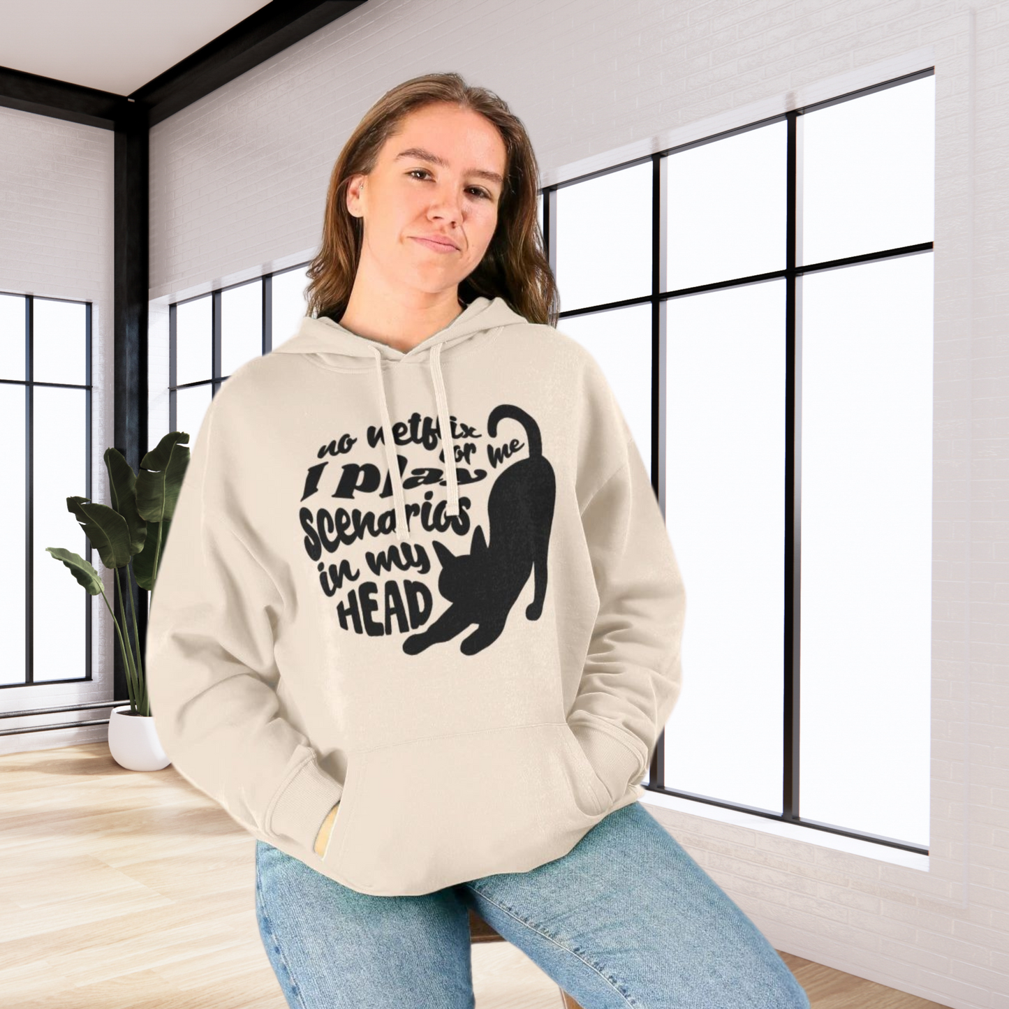 Unisex Sustainable 'Overthinking &amp; Daydreaming' Funny Organic Cotton Cat Hoodie in Certified Renewable Quality⎜Caccao