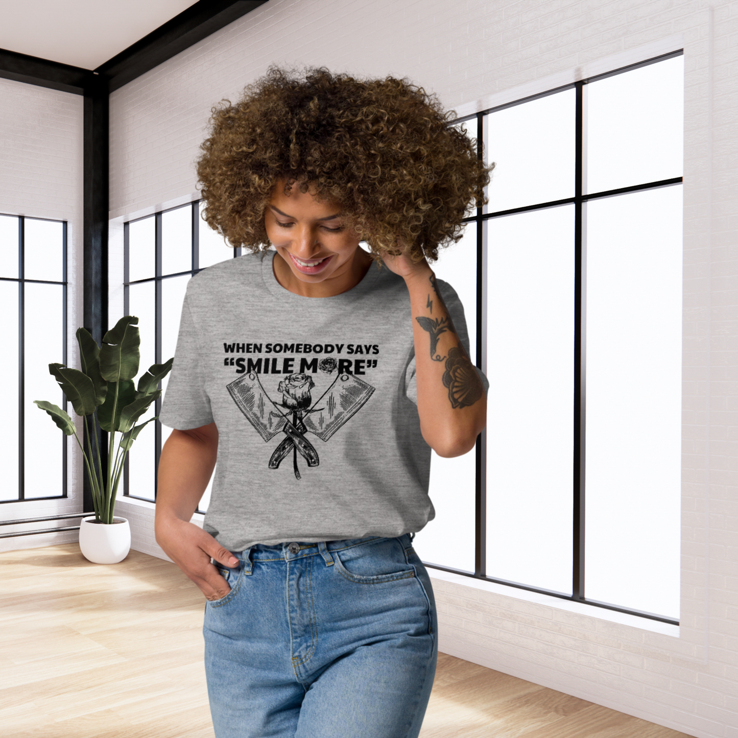 Fem Rage Ecological "Smile More" Organic Cotton T-Shirt in Fair Trade, Slow &amp; Circular Fashion and Vegan Principle │ Caccao