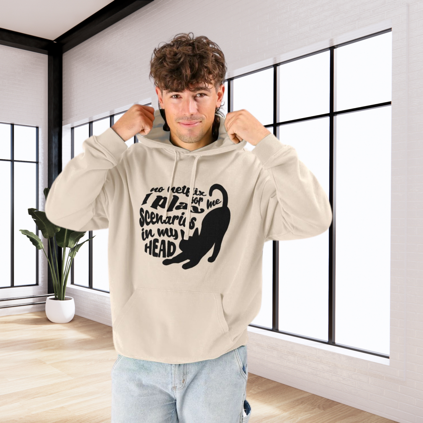 Unisex Sustainable 'Overthinking &amp; Daydreaming' Funny Organic Cotton Cat Hoodie in Certified Renewable Quality⎜Caccao