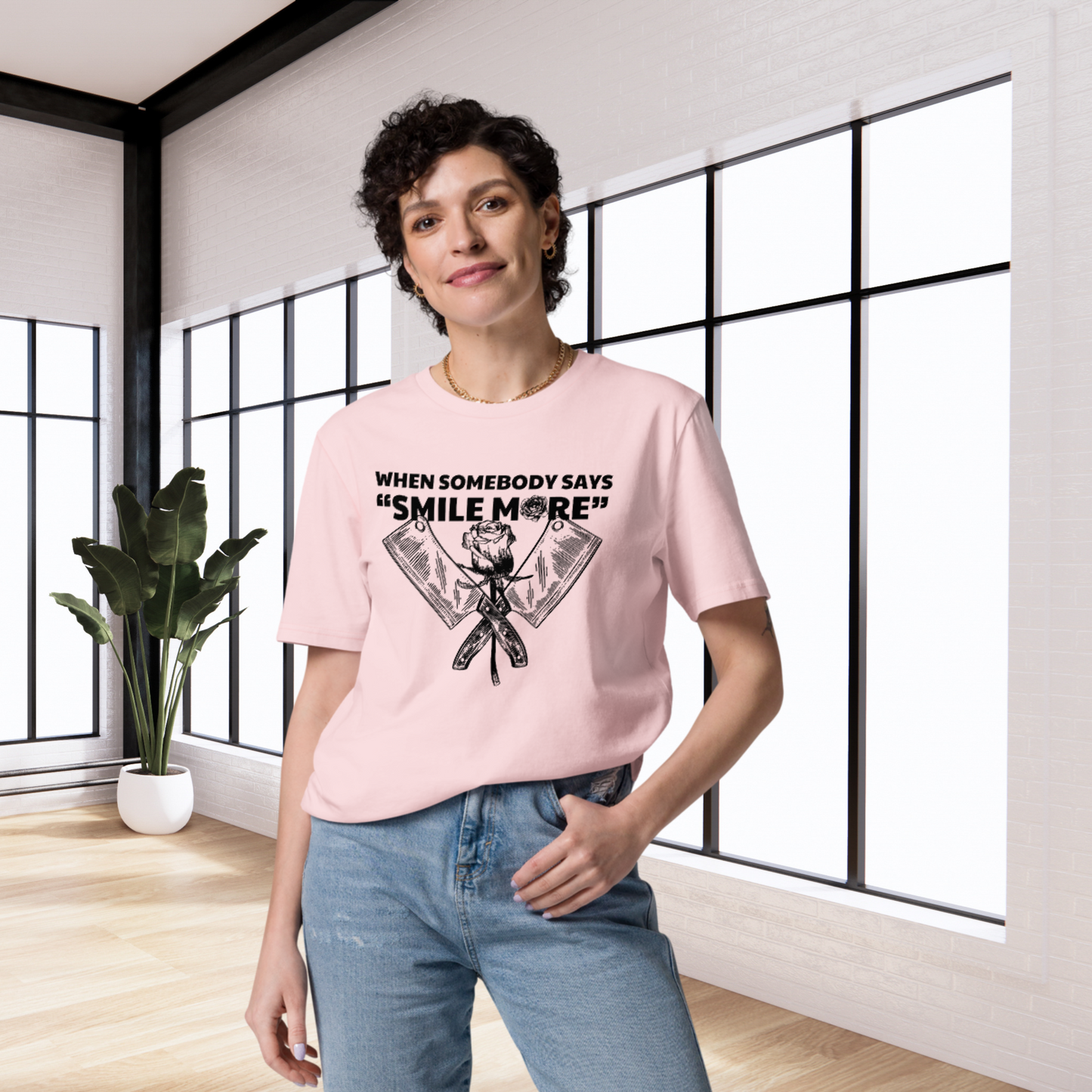 Fem Rage Ecological "Smile More" Organic Cotton T-Shirt in Fair Trade, Slow &amp; Circular Fashion and Vegan Principle │ Caccao