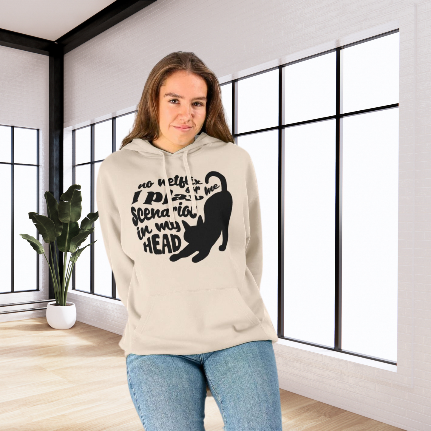 Unisex Sustainable 'Overthinking &amp; Daydreaming' Funny Organic Cotton Cat Hoodie in Certified Renewable Quality⎜Caccao