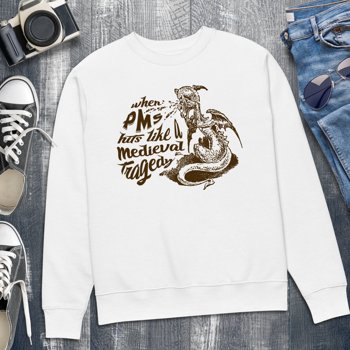 Natural Cotton Vintage PMS Hoodie in Medieval Tragedy Style⎜Caccao