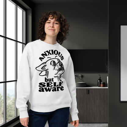 Organic Vegan Sweatshirt with Humor about Anxiety and Self-Awareness