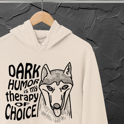 Unisex Organic "Dark Humor is my Therapy of Choice" Organic Cotton Hoodie with Modern Cut in Certified Quality⎜Caccao