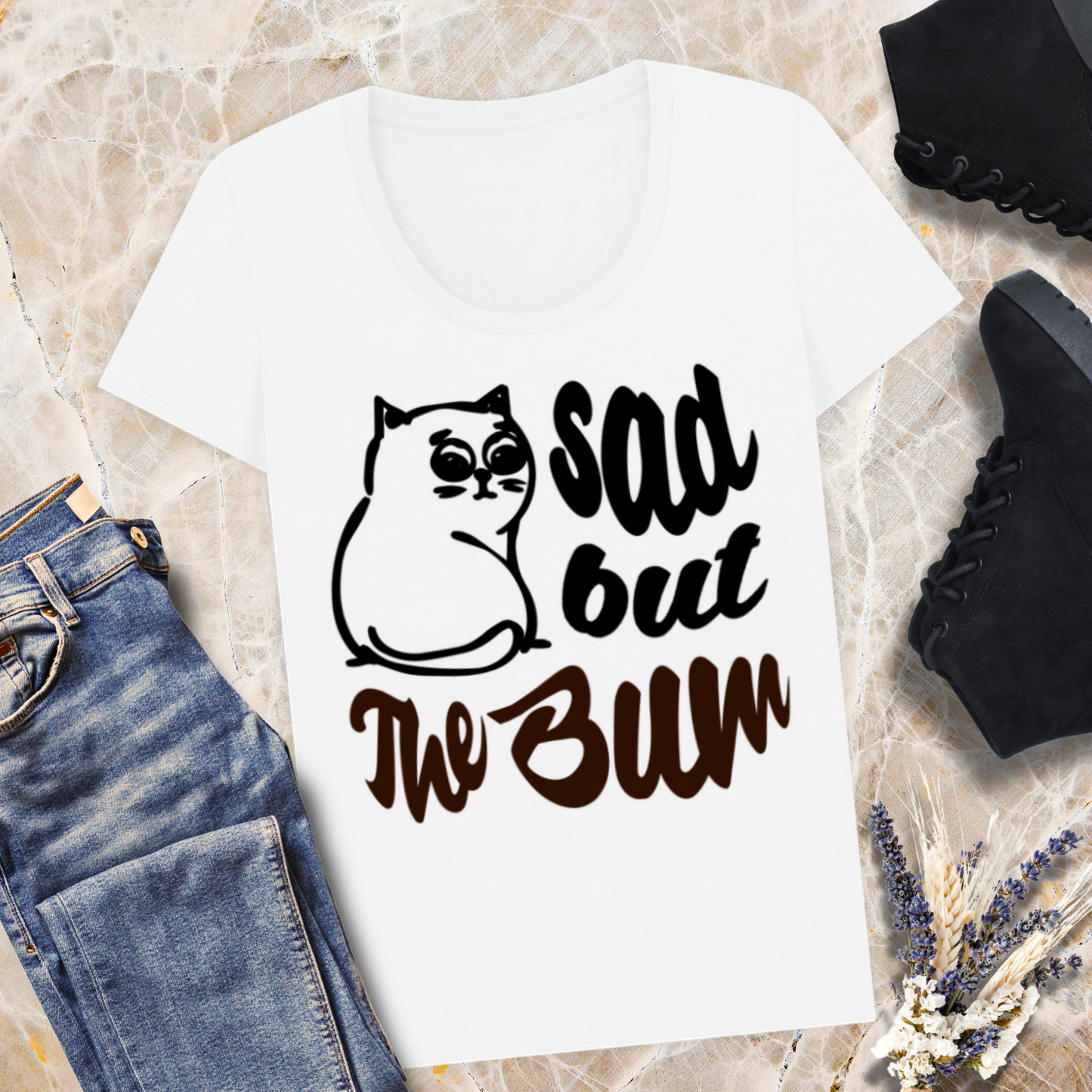 Funny Women's "Sad, but the Bum" Body T-Shirt with a Beautiful Neckline and a Sad Cat in Top Quality │ Caccao