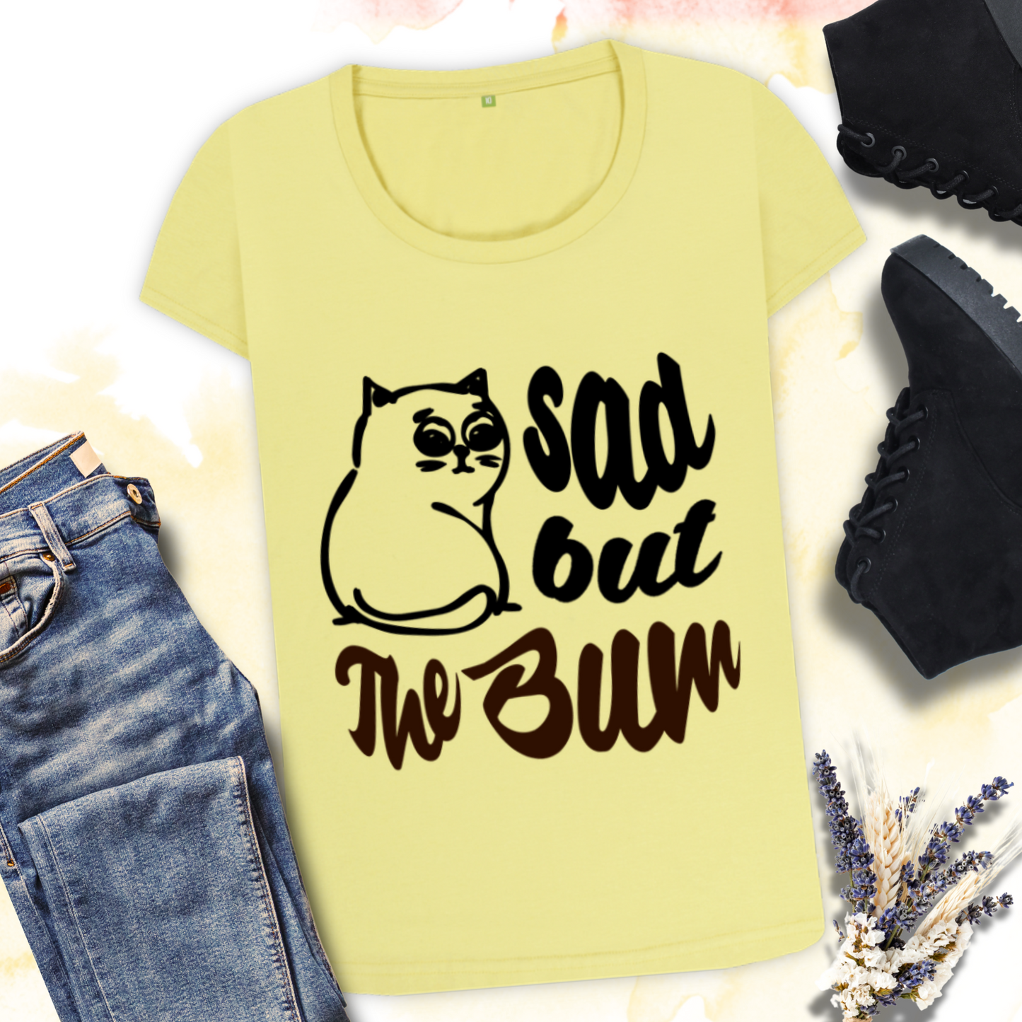 Funny Women's "Sad, but the Bum" Body T-Shirt with a Beautiful Neckline and a Sad Cat in Top Quality │ Caccao