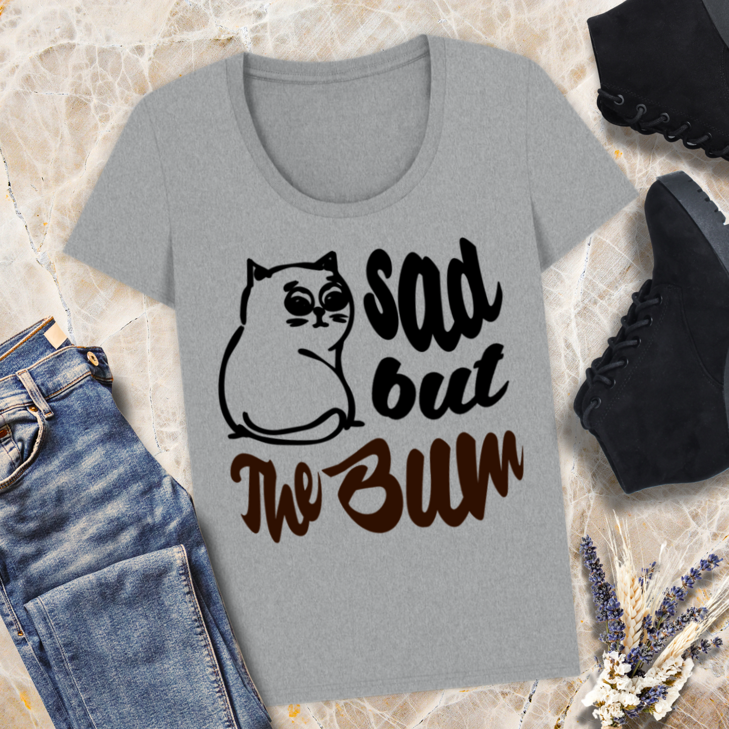 Funny Women's "Sad, but the Bum" Body T-Shirt with a Beautiful Neckline and a Sad Cat in Top Quality │ Caccao