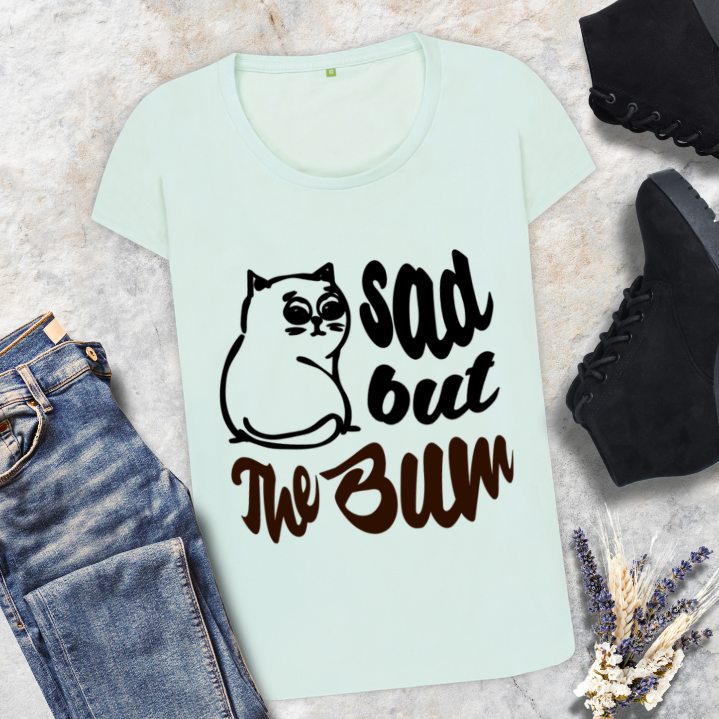 Funny Women's "Sad, but the Bum" Body T-Shirt with a Beautiful Neckline and a Sad Cat in Top Quality │ Caccao