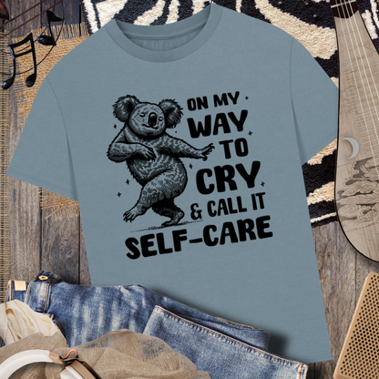 Uni Oversized &amp; Heavy "On My Way to Cry and Call it Self-Care" T-Shirt with Dancing Koala Bear in Vegan Quality⎜Caccao
