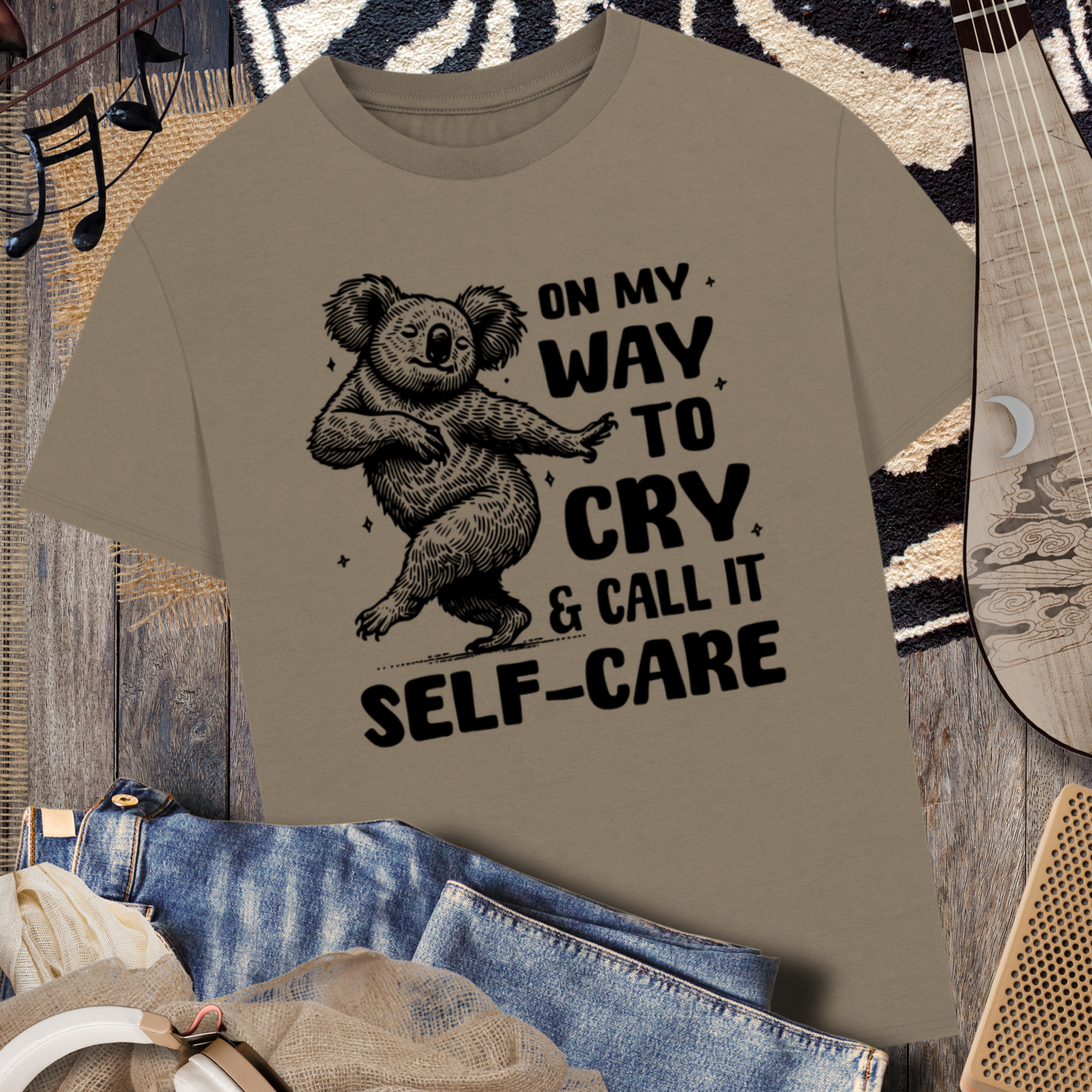 Uni Oversized &amp; Heavy "On My Way to Cry and Call it Self-Care" T-Shirt with Dancing Koala Bear in Vegan Quality⎜Caccao