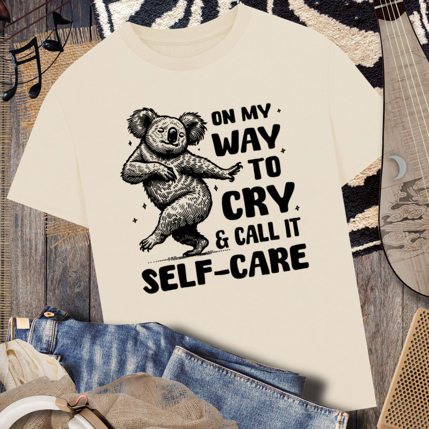 Uni Oversized &amp; Heavy "On My Way to Cry and Call it Self-Care" T-Shirt with Dancing Koala Bear in Vegan Quality⎜Caccao