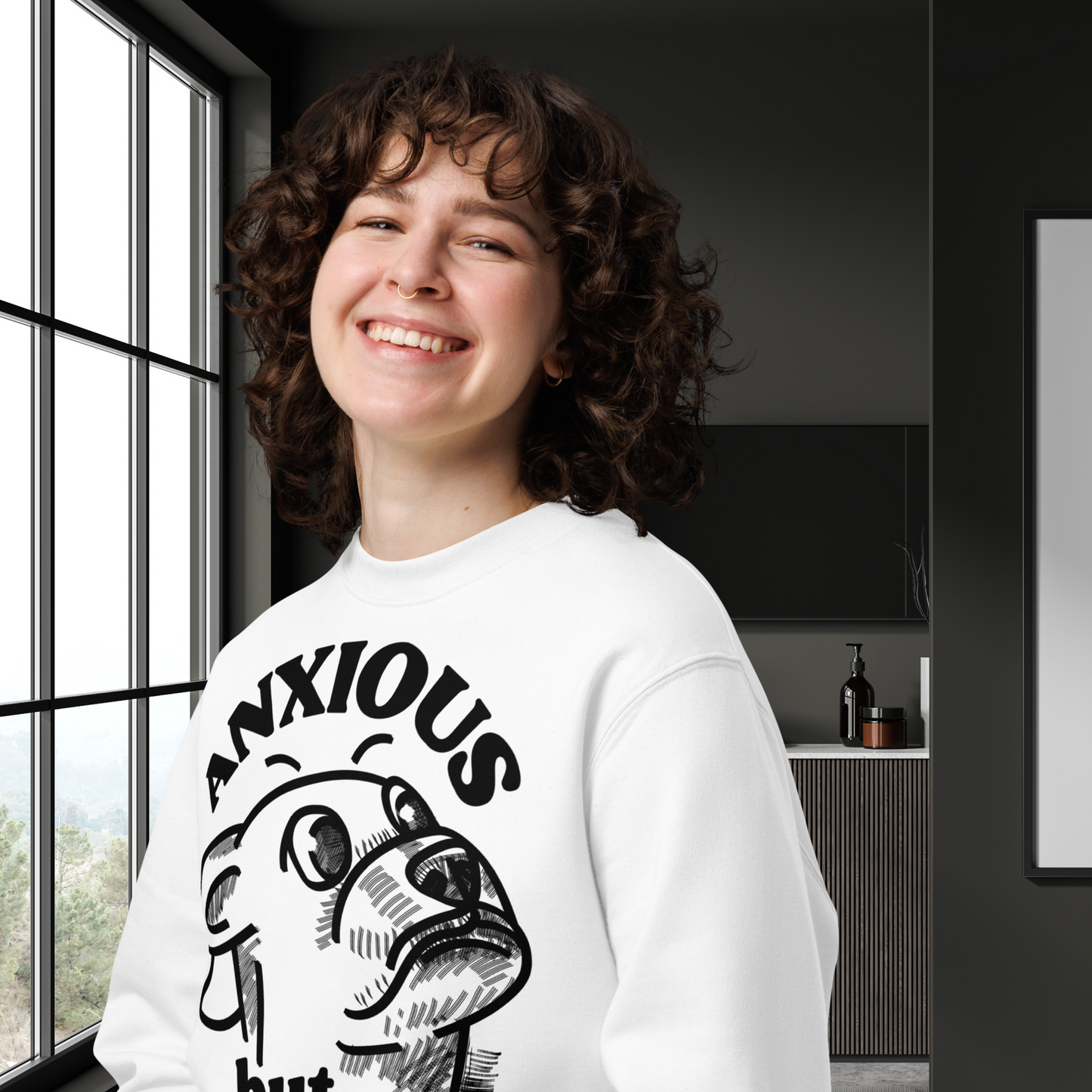 Organic Vegan Sweatshirt with Humor about Anxiety and Self-Awareness