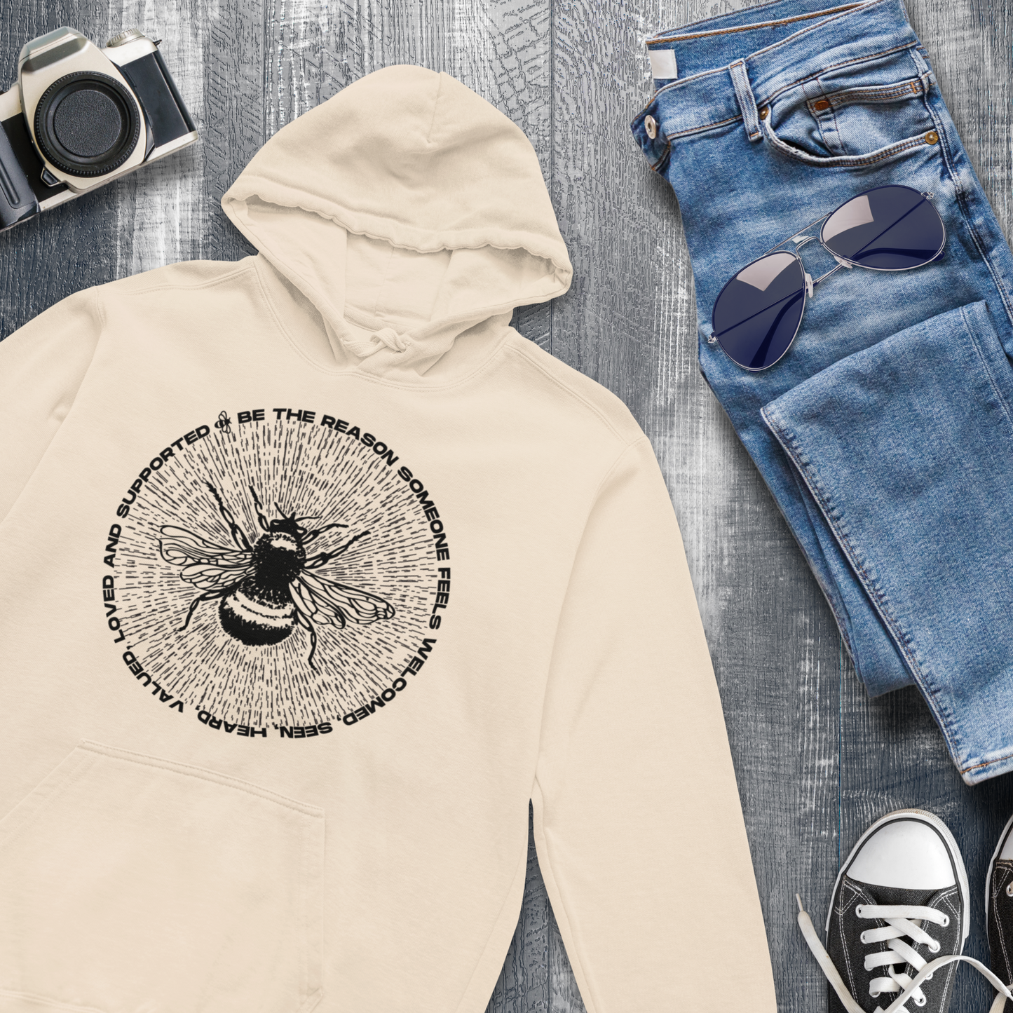 Unisex Ecological Hoodie 'Be the Reason' Organic Cotton Sweatshirt with Bee and Kindness Motif in Top Certified Quality│ Caccao