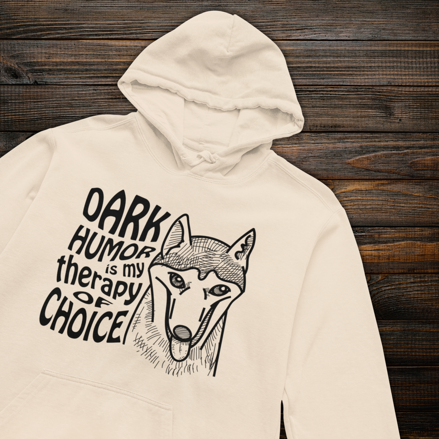 Unisex Organic "Dark Humor is my Therapy of Choice" Organic Cotton Hoodie with Modern Cut in Certified Quality⎜Caccao