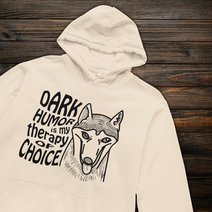 Unisex Organic "Dark Humor is my Therapy of Choice" Organic Cotton Hoodie with Modern Cut in Certified Quality⎜Caccao