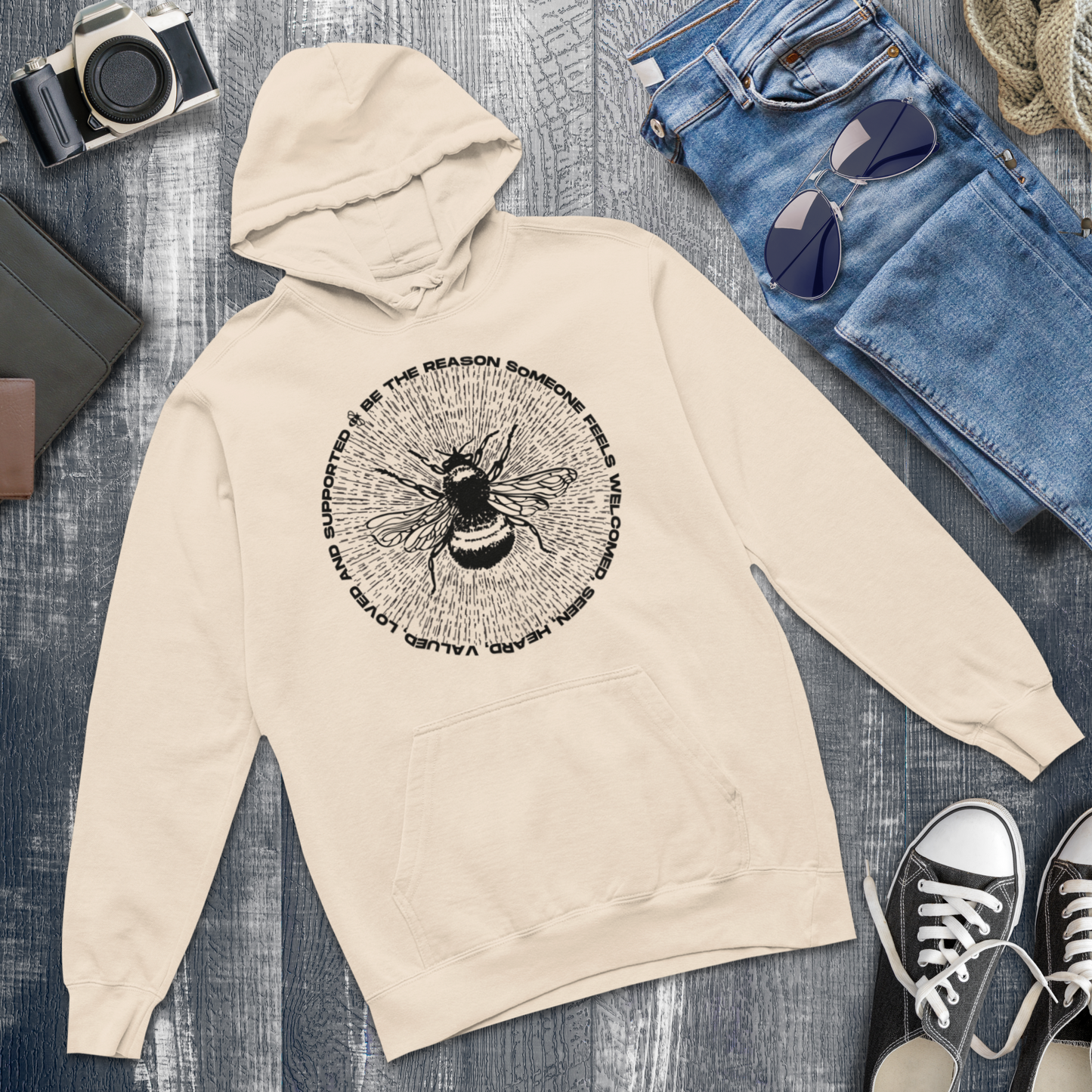 Unisex Ecological Hoodie 'Be the Reason' Organic Cotton Sweatshirt with Bee and Kindness Motif in Top Certified Quality│ Caccao