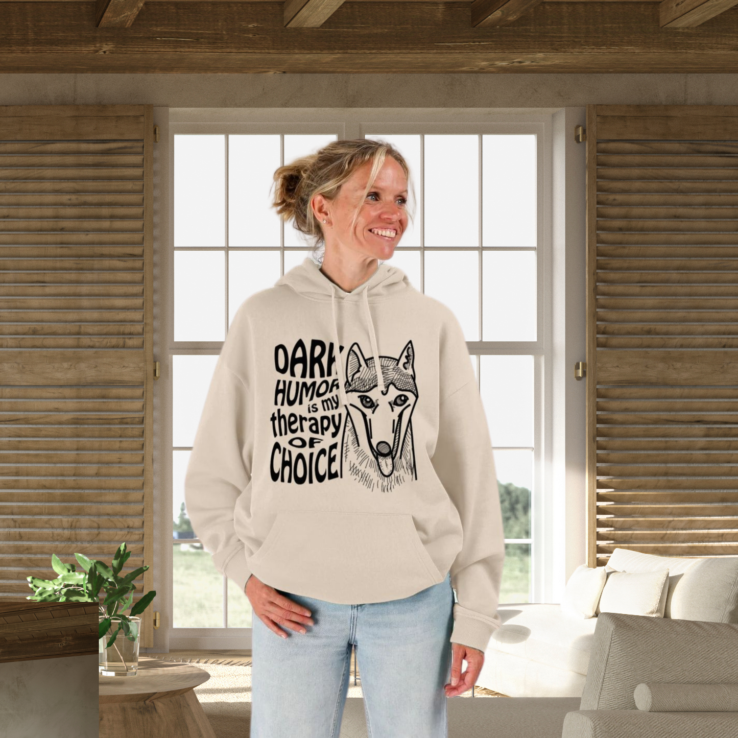 Unisex Organic "Dark Humor is my Therapy of Choice" Organic Cotton Hoodie with Modern Cut in Certified Quality⎜Caccao