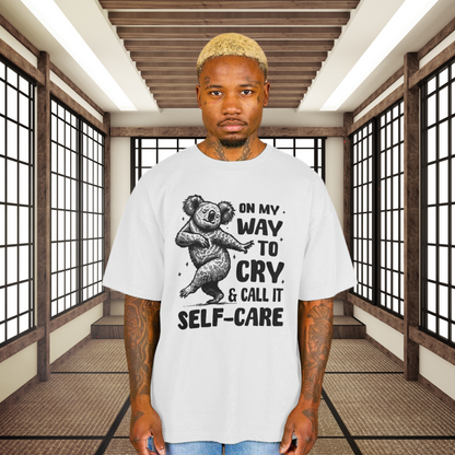 Uni Oversized &amp; Heavy "On My Way to Cry and Call it Self-Care" T-Shirt with Dancing Koala Bear in Vegan Quality⎜Caccao