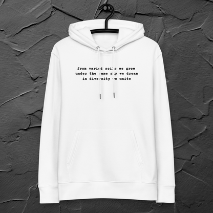 Common Roots, Shared Difference: Poetic 100% Organic Cotton Vegan Hoodie with a Message⎜Caccao