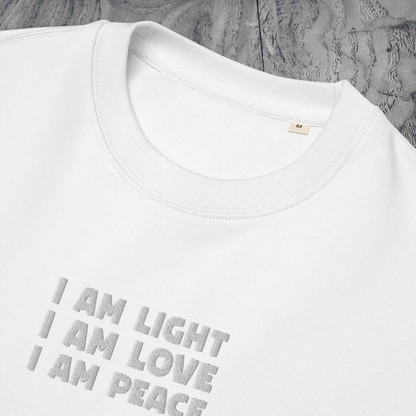 Unisex Eco Manifesto "I am Love, I am Light, I am Peace" Hoodie with Embroidery - Law of Attraction, Organic Cotton &amp; Fair Trade │ Caccao