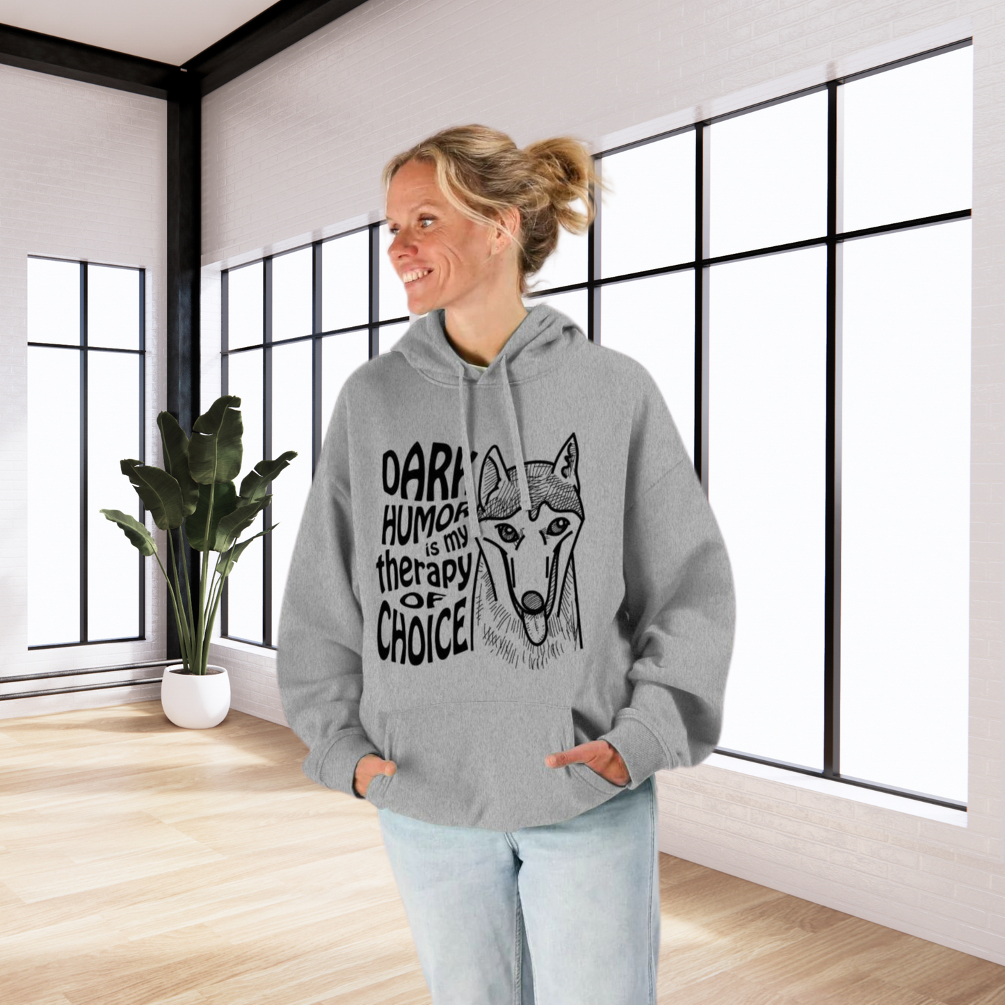 Unisex Organic "Dark Humor is my Therapy of Choice" Organic Cotton Hoodie with Modern Cut in Certified Quality⎜Caccao