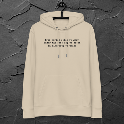 Common Roots, Shared Difference: Poetic 100% Organic Cotton Vegan Hoodie with a Message⎜Caccao
