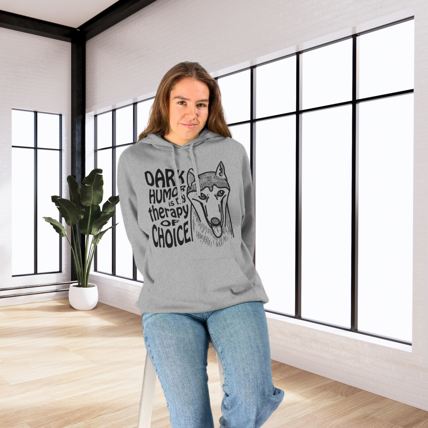 Unisex Organic "Dark Humor is my Therapy of Choice" Organic Cotton Hoodie with Modern Cut in Certified Quality⎜Caccao