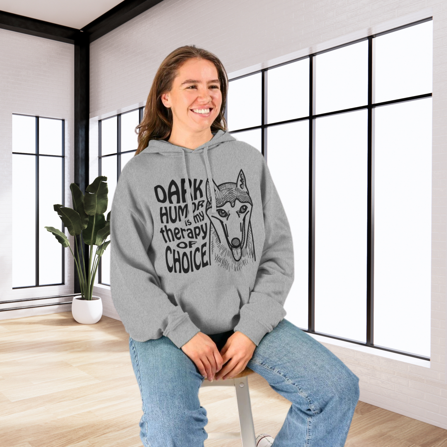 Unisex Organic "Dark Humor is my Therapy of Choice" Organic Cotton Hoodie with Modern Cut in Certified Quality⎜Caccao
