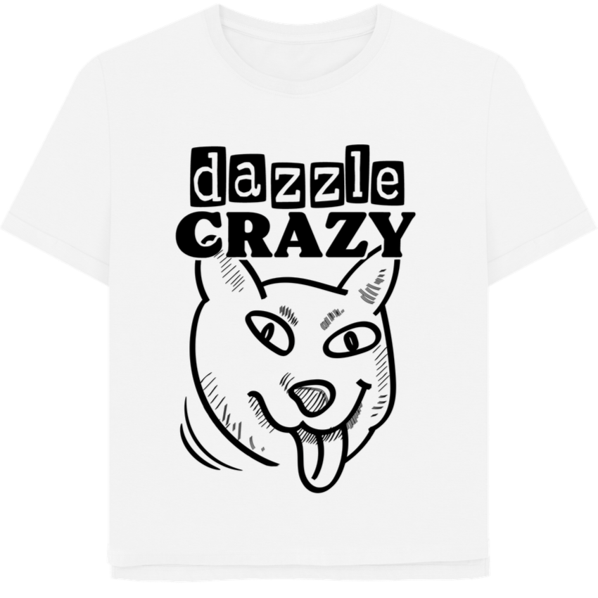 Bio Cotton tričko s nápisem dazzle crazy a ilustrací crazy pejska, s rolovanými rukávy a rozparky pro uzel