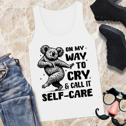 "On my way to cry and call it selfcare" Funny Mental Health Tank Top in Organic Fair Trade Quality │ Caccao